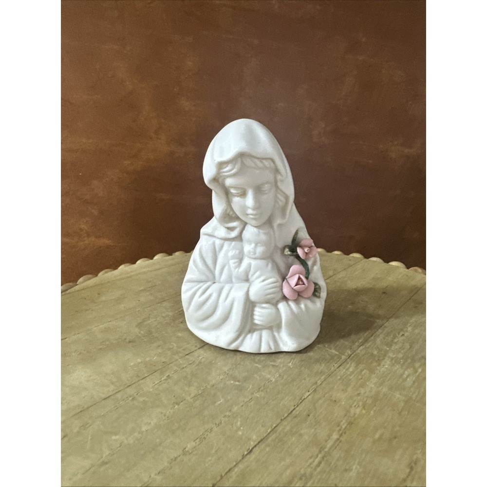 Madonna And Child By Autom - White Bisque Porcelain With Pink Flowers Figurine